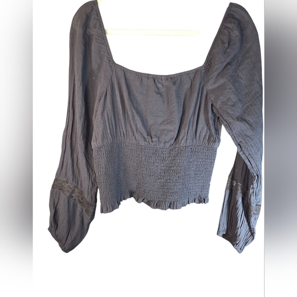 American Eagle Navy Smocked Lace Baby Doll Crop Top Milkmaid Peasant Long Sleeve - Picture 2 of 10